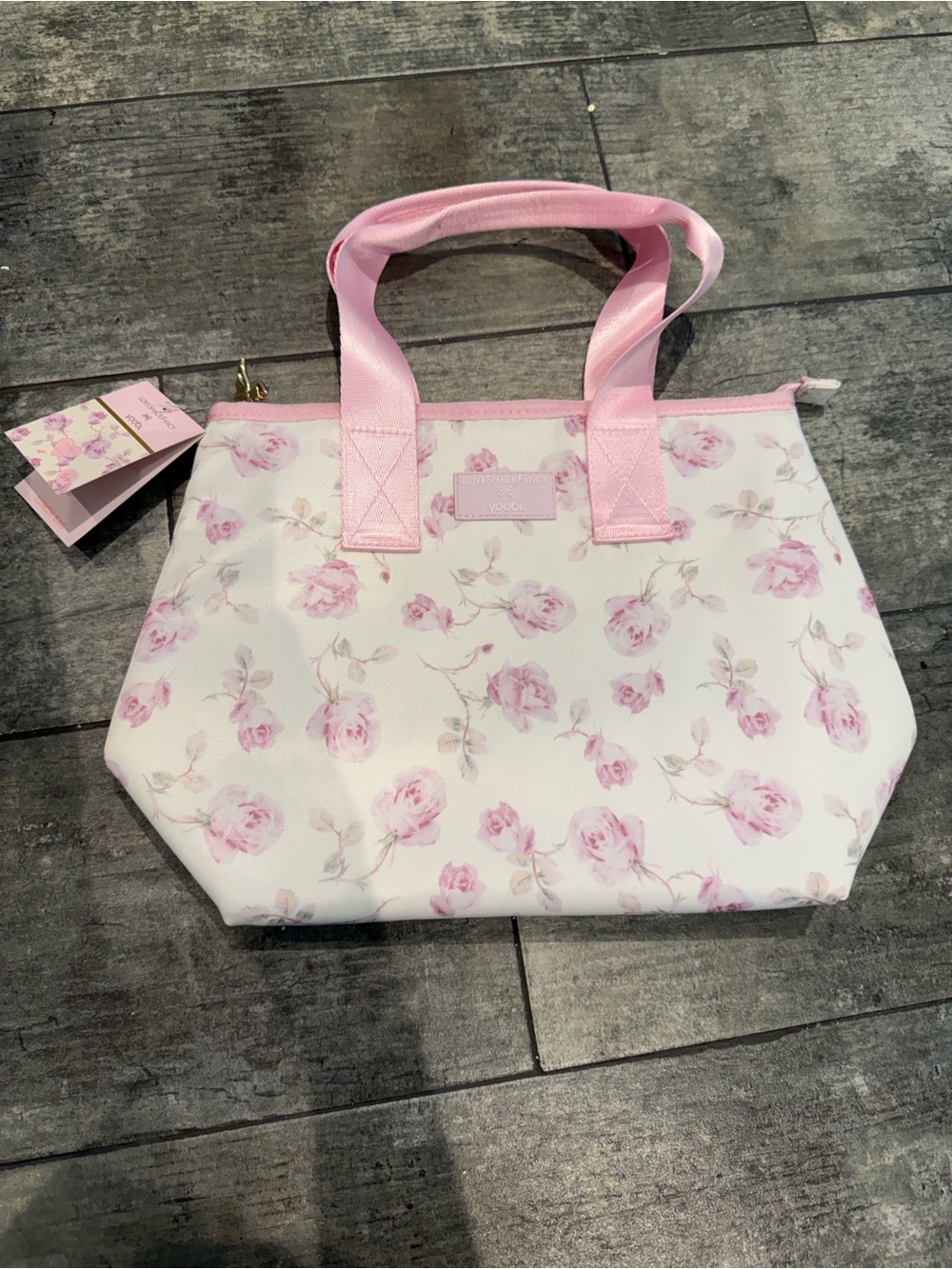 LoveShackFancy White Tote with Pink Floral Print and Pink Handles